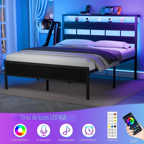 Miniatura 5 de Furnulem Base de cama Queen con cabecera de almacenamiento y luces LED, base de cama de metal con estación de carga y puerto USB, cama de plataforma