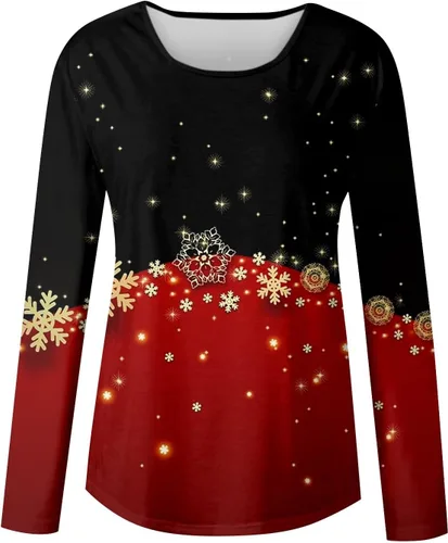 Miniatura 2 de RMXEi Camisetas de Navidad para mujer, de manga larga, cuello redondo, camisetas de Navidad para mujer, blusas de moda