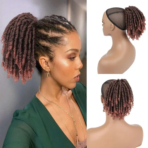 Miniatura 10 de Extensiones de cola de caballo de rastas para mujer, cola de caballo con cordón negro con extremos rizados, rastas sintéticas de diosa, extensiones