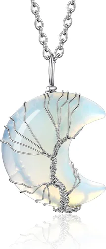 Bestyle Collar de cristal curativo envuelto en árbol de la vida, colgante de piedra natal de 12 meses para parrillas de mujer, joyería de piedras