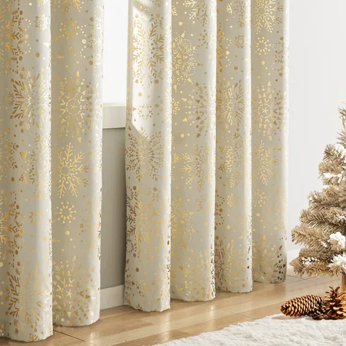 Miniatura 7 de Treatmentex Cortinas Opacas de Oro Marfil con Estampado de Copos de Nieve, Paneles de Cortina para Sala de Estar de 63 Pulgadas con Medallón Floral