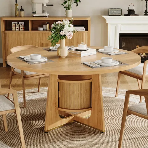 IRONCK Mesa de comedor redonda de 47 pulgadas para 4-6 personas con armario de almacenamiento integrado, mesa de cocina moderna de mediados de siglo