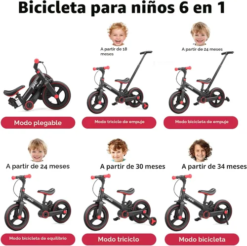 Miniatura 2 de JMMD Bicicleta 6 en 1 para niños de 18 a 60 meses, bicicleta de equilibrio plegable de 12 pulgadas con ruedas de entrenamiento, pedales, frenos