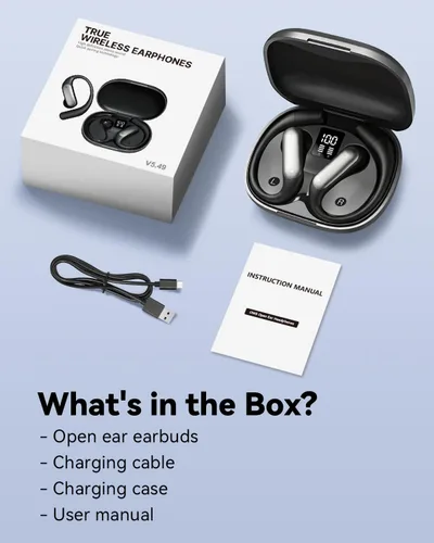Miniatura 7 de Wentronic Auriculares inalámbricos Bluetooth 5.4 con pantalla digital, gancho seguro, tiempo de reproducción de 48 horas, sonido mejorado, llamadas