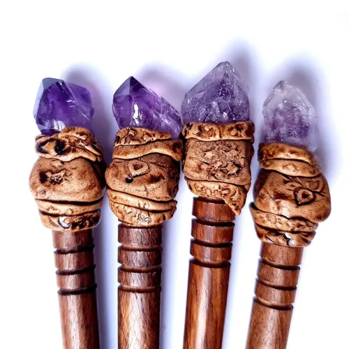 Miniatura 6 de Barra de pelo natural de piedra preciosa curativa de cuarzo ahumado con madera tallada a mano, regalos hechos a mano, estilo bohemio, reiki