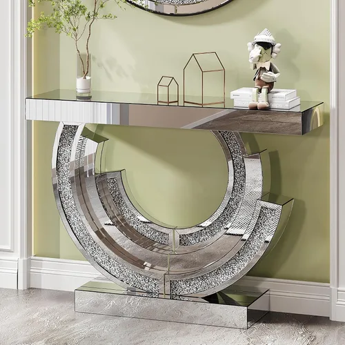 Miniatura 12 de Mesa Consola Negra con Espejo, Mesa de Sofá de Cristal Rectangular de 48 pulgadas con Elementos Tallados Vintage con Espejo, Muebles de Espejo