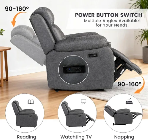 Miniatura 4 de Betsy Furniture Silla reclinable eléctrica de microfibra suave, luz LED, tipo C y cargador USB, reclinable gris humo 9052 (potencia, silla)