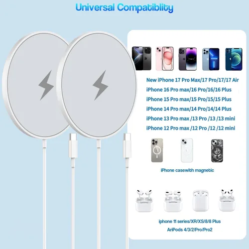 Miniatura 3 de [Certificado MFi de Apple] Cargador inalámbrico magnético para iPhone 17 16 15, 2 unidades de 6 pies y 15 W, cargador rápido Apple Mag-Safe USB C
