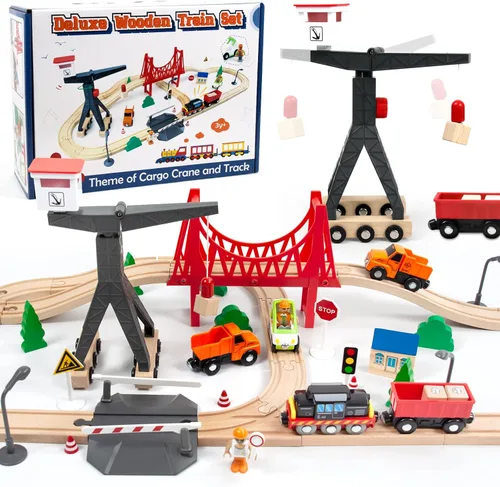 WOOD CITY Juego de tren de madera, 56 piezas de lujo para niños de 2, 3, 4, 5 años, pista de tren temática de carga con grúa torre y puente