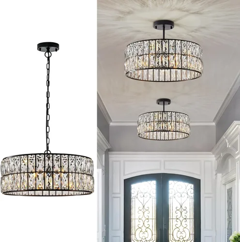 Miniatura 13 de Lámpara Colgante de Cristal de 4 Luces Araña Moderna Negra Pequeña de 12" Cristal Semi Empotrada Luz de Techo Redonda para Isla de Cocina, Negro