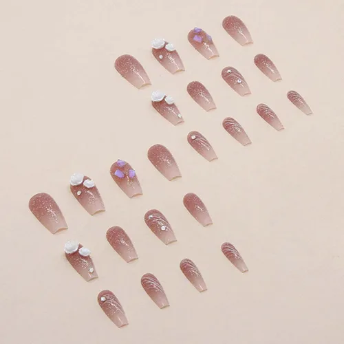 Miniatura 2 de RikView Uñas postizas a presión con forma de ataúd, uñas acrílicas largas con flores 3D, uñas postizas rosadas brillantes para mujeres, juego de 24