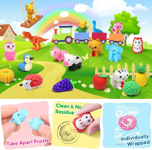 Miniatura 5 de 80 piezas de mini borradores de animales para niños, juguetes pequeños a granel, mascotas de escritorio 3D lindas, juguetes de caja del tesoro