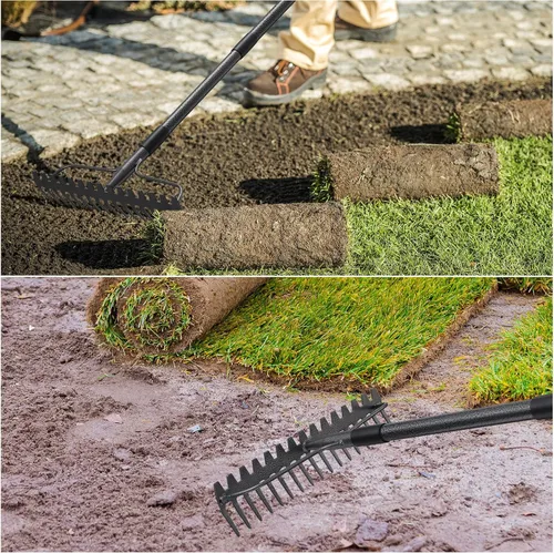 Miniatura 7 de Rastrillo de jardín resistente de 49 pulgadas con mango de acero inoxidable, rastrillo de cabeza de metal para aflojar el suelo, recoger la tierra