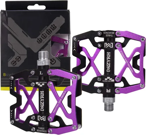 Miniatura 9 de Mzyrh - Pedales de bicicleta de montaña, ultra fuertes, coloridos, mecanizados CNC, de 9/16 pulgadas, ciclismo sellado con 3 rodamientos púrpura