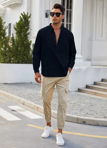 Miniatura 5 de Uiriuy Camisas Guayabera de lino con botones y manga larga para hombre
