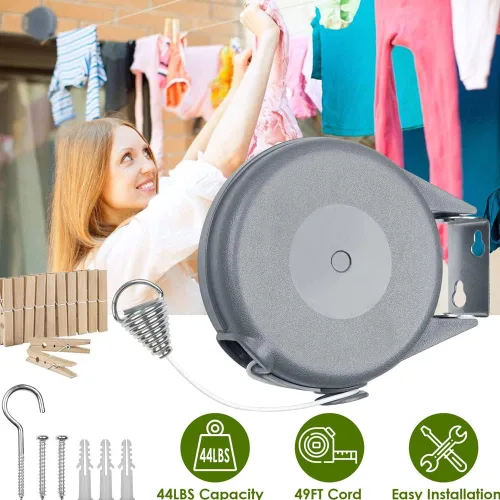 Miniatura 7 de Magik Línea de ropa retráctil de 49 pies para colgar y secar portátil (1 paquete, plateado)