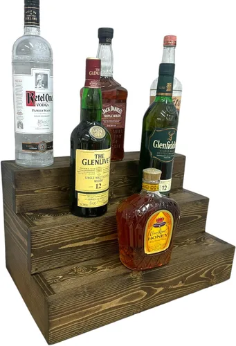 Miniatura 8 de Estantería de exhibición escalonada hecha a mano, exhibición de barra de tres niveles, organizador de barra, exhibición de botellas de licor