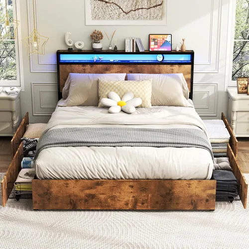 Miniatura 11 de Kiivakii Estructura de cama tamaño completo con cabecero, cama plataforma LED con 4 cajones de almacenamiento, estación de carga integrada, sin Negro