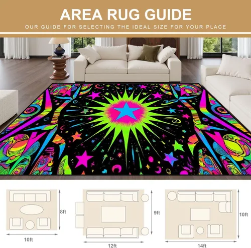 Miniatura 2 de Alfombra lavable de 8 x 10 pies para sala de estar, grande, suave, luz negra, sol, neón, reactiva a los rayos UV, luna celestial, estrella, planeta
