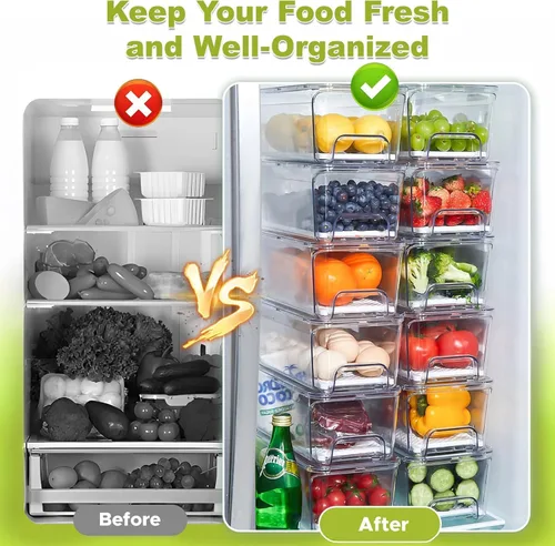 Miniatura 3 de Cajón organizador extraíble para refrigerador, contenedores apilables para refrigerador con bandeja de drenaje y tapa, caja transparente