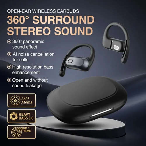 Miniatura 2 de Auriculares abiertos, colgador de oreja de silicona, sonido panorámico de 360 grados, conducción de aire, pantalla LED, IPX7 impermeable