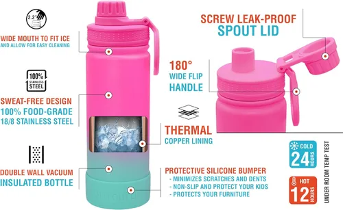 Miniatura 4 de CHILLOUT LIFE Botella de agua aislada para niños de 17 onzas para la escuela con tapa de boquilla a prueba de fugas y bonitas calcomanías Slushy