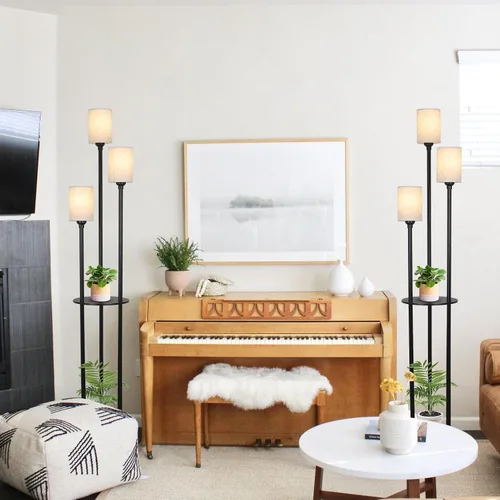 Miniatura 9 de Lámpara de pie con estantes, lámparas de pie modernas para sala de estar, lámpara de pie de 3 luces con pantalla de lino e interruptor de pie