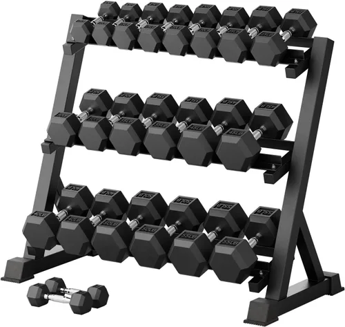 Miniatura 47 de RitFit Juego de mancuernas hexagonales con revestimiento de goma de 5 a 780 libras con estante para gimnasio en casa, entrenamiento de fuerza