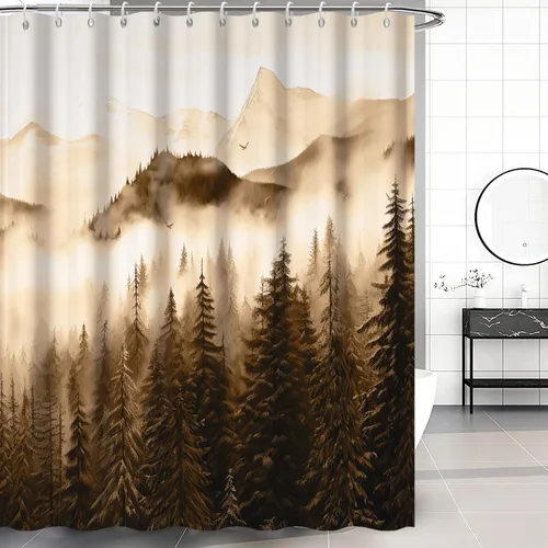 Miniatura 15 de Cortina de ducha pequeña en blanco y negro, juego de cortina de ducha de bosque brumoso para baño, impermeable, decoración de baño de montaña