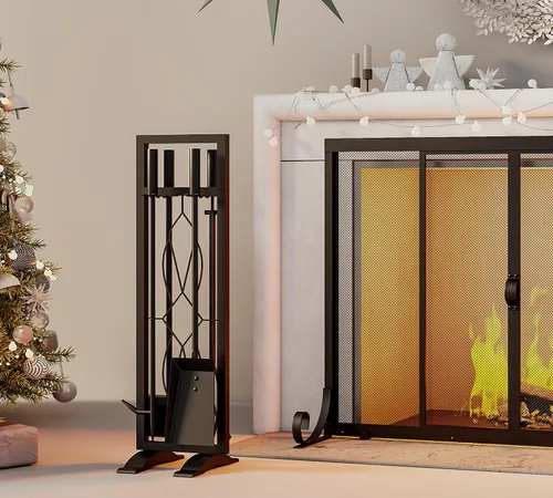 Miniatura 7 de Fire Beauty Juego de herramientas para chimenea, 5 piezas, accesorios de chimenea, kit de fuego con soporte, herramientas para estufas de leña