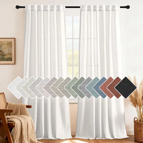 Miniatura 13 de H.VERSAILTEX Cortinas de lino natural de 63 pulgadas de largo para sala de estar, 2 paneles con trabillas traseras y bolsillo, texturizadas