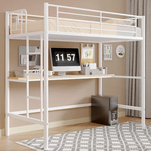 Miniatura 9 de VECELO Cama alta tamaño individual con escritorio, base de cama de metal con escalera extraíble y barandilla de seguridad, no necesita somier