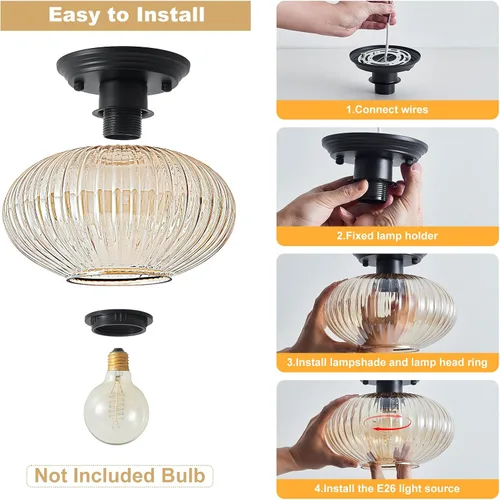 Miniatura 6 de Lámpara de techo semiempotrada, luces de techo vintage negras para cocina, vidrio a rayas ámbar cerca del techo para sala de estar, pasillo