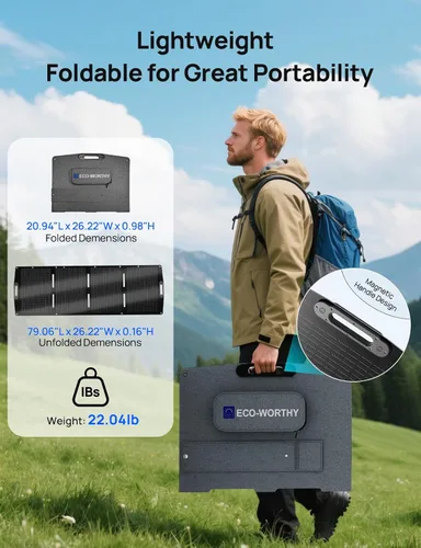 Miniatura 8 de ECO-WORTHY Panel solar portátil de 200 W para centrales eléctricas, IP65 impermeable y ligero con soporte ajustable, panel solar plegable de alta
