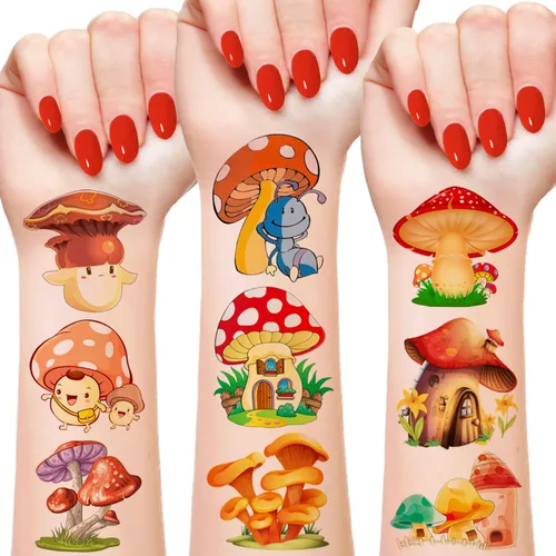 (144 unidades) Calcomanías de tatuajes temporales de hongos para fiesta de hongos, suministros de decoración de fiesta de cumpleaños, regalos para