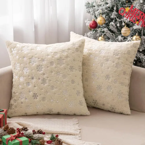 Miniatura 21 de MIULEE - Juego de 2 fundas de cojín decorativas de Navidad, hechas de piel sintética suave con copos de nieve plateados y brillantina, para Verde