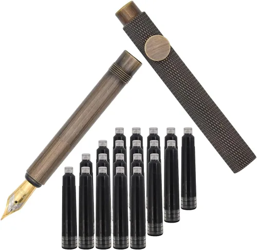 Miniatura 8 de Bolígrafo de caligrafía de rayas de latón (3.346 in) de bolsillo corto de párrafo mini bolígrafo de viaje con 20 cartuchos de tinta negra Pluma