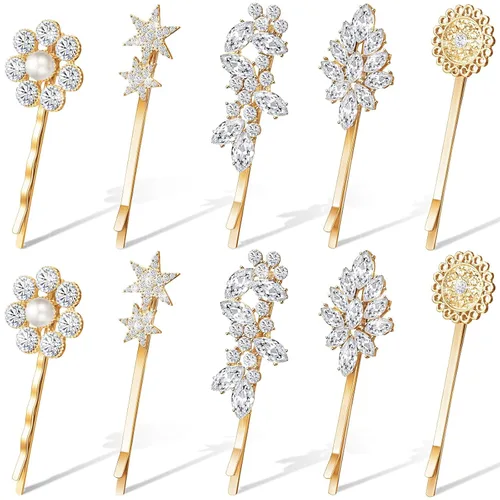 Waydress 10 horquillas vintage para mujer, estilo vintage, con diamantes de imitación, pasador de estrella, pasador decorativo, flores, hojas, Dorado