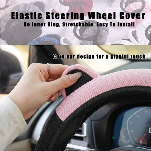 Miniatura 5 de Steering Wheel Cover with Ears Keychain Fit 14-15 inch Black Pink Cute Ears Car Steering Wheel Covers for Women Girls Elastic Breathable Steering