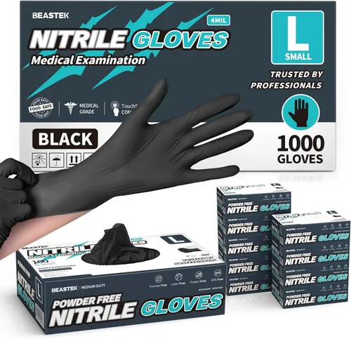 Miniatura 13 de Beastek Black Disposable Nitrile Exam Gloves 100 Pcs 4Mil Chemical Resistant Powder-Free Latex-Free Food Safe Medical Cooking 100 Negro (Large)