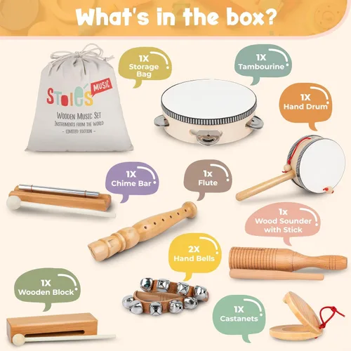 Miniatura 2 de Stoie's Instrumentos musicales de madera para niños pequeños con tambor, campanas de mano, flauta, maracas, castañuelas, panderetas, para bebés