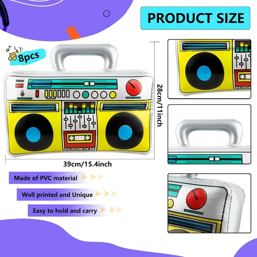 Miniatura 2 de 8 unidades de 16.5 pulgadas Boombox inflable grande inflable Boom Box novedad radio Boombox inflable para 80s 90s Radio Hip Hop suministros de fiesta