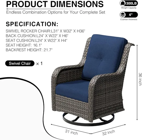 Miniatura 2 de Joyside Silla mecedora giratoria para exteriores para patio, mecedora de mimbre para exteriores con cojines de tela de olefina adecuada para porche