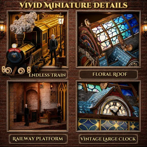 Miniatura 4 de Rompecabezas de madera 3D, kit de rincón de libro, estación de tren mágico con luces LED y música, kits de rompecabezas de madera en miniatura