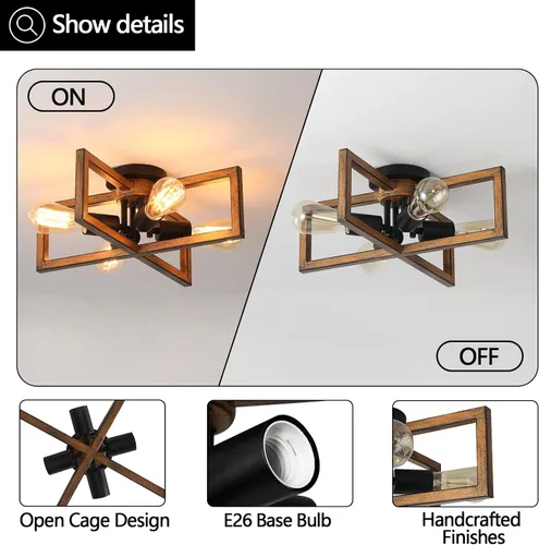 Miniatura 2 de KEESFU Lámpara de techo retro semiempotrada de 4 luces, con acabado de grano de madera de granja, iluminación rústica para dormitorio, sala