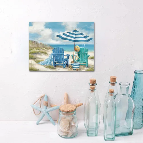 Miniatura 4 de LAIART Lienzo de Arte de Pared de Océano Azul, Decoración de Arte de Playa con Silla de Playa, Impresión de Cuadro, Arte Relajante de Paisaje Marino