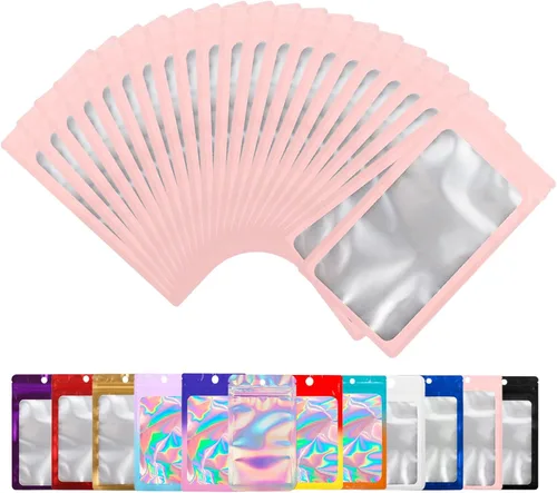 Miniatura 9 de Paquete de 100 bolsas de Mylar con ventana transparente, bolsas de almacenamiento de alimentos, a prueba de olores, embalaje de mano resistente a