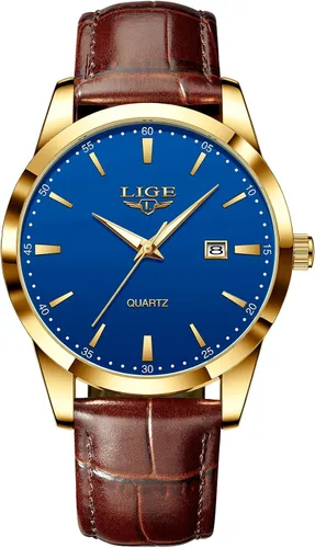 Miniatura 10 de LIGE Relojes para hombre impermeable analógico vestido vintage cronógrafo analógico casual cuero acero inoxidable movimiento de cuarzo único retro