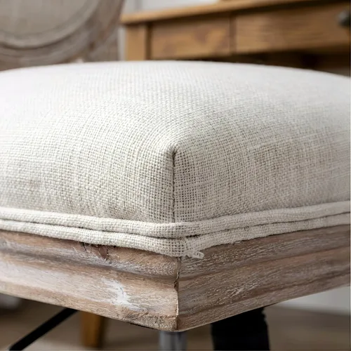 Miniatura 7 de LukeAlon Silla giratoria de lino vintage de 360°, silla de tareas de altura ajustable beige, marco de madera sin brazos, respaldo redondo y ruedas