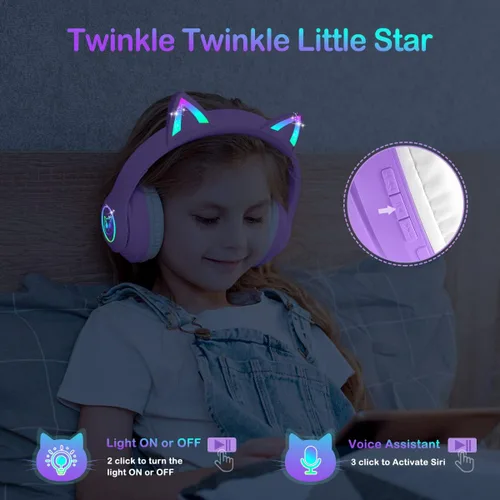 Miniatura 4 de LOBKIN - Auriculares Bluetooth 5.4 para niños con estuche - Orejas de gato plegables ajustables con luz LED RGB, auriculares supraaurales con Púrpura